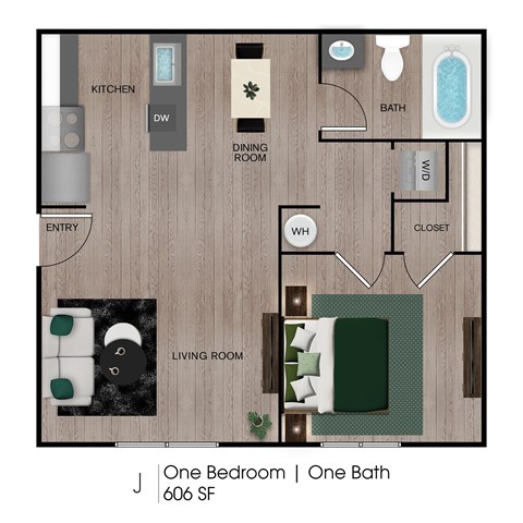 Floor plan for 1 bed, 1 bath, 606 sqft